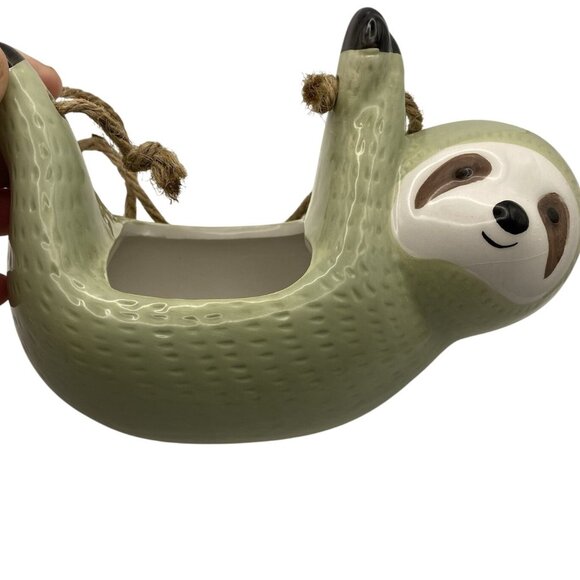Ceramic Hanging Sloth Planter Pot Jute Rope Sage Green Animal Succulent Holder - Picture 6 of 8